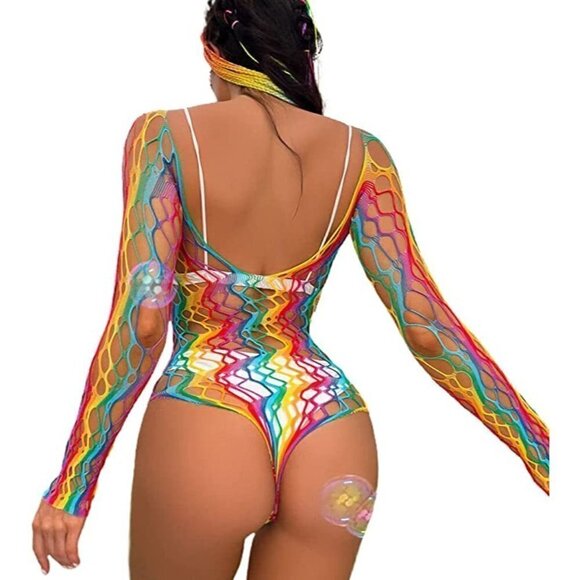 𝅺🌈 Rainbow Fishnet Stockings Mesh Lingerie Bodysuit Party Rave Boho Cosplay NWT - Picture 3 of 5